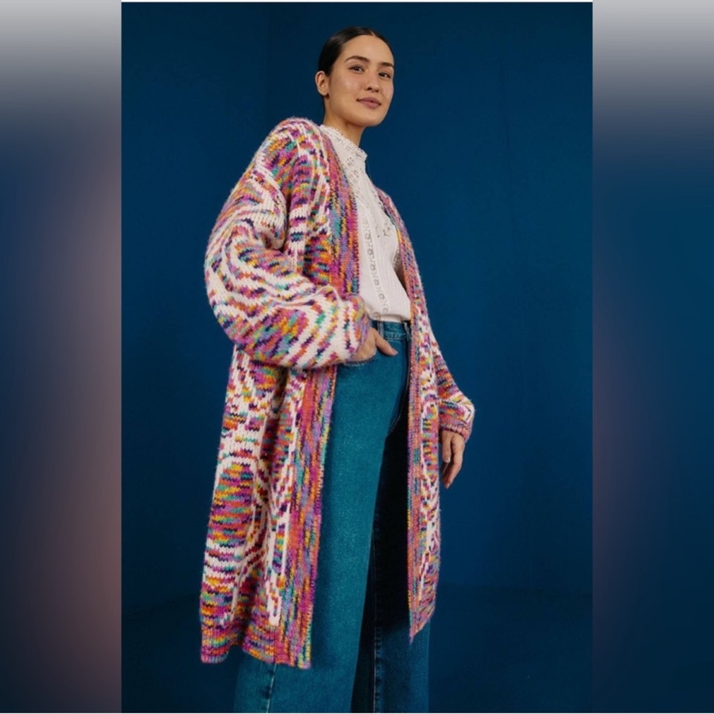 Farm Rio Wild Hearts Longline Cardigan Wool Blend Oversized Belted Size XS